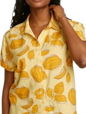 Eddie Bauer Baja Fruit Leaf Print Button Front Camp Shirt Yellow Plus Size 2XL